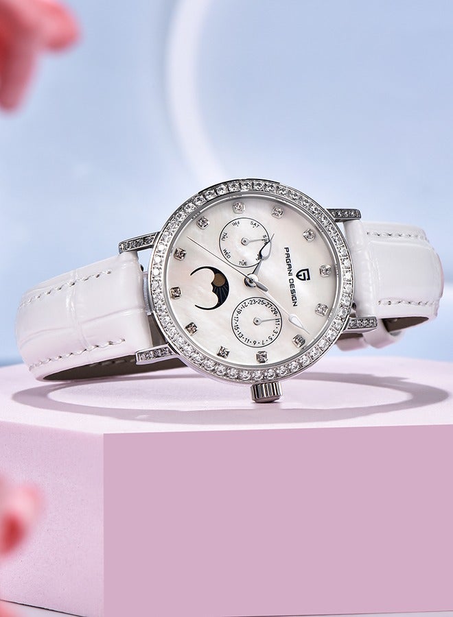 PAGANI DESIGN Women's Quartz Watches, Fashionable And Elegant, Silver-White Dial, Leather Strap PD1789 White - Image 4