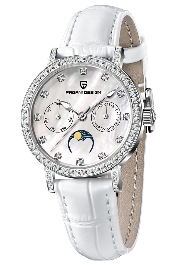 PAGANI DESIGN Women's Quartz Watches, Fashionable And Elegant, Silver-White Dial, Leather Strap PD1789 White - Image 1