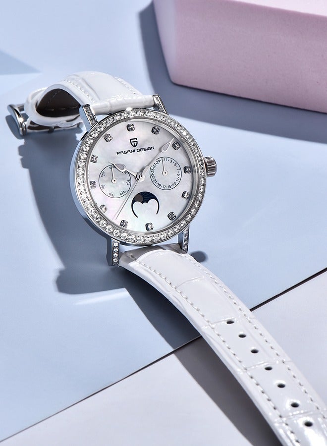 PAGANI DESIGN Women's Quartz Watches, Fashionable And Elegant, Silver-White Dial, Leather Strap PD1789 White - Image 3