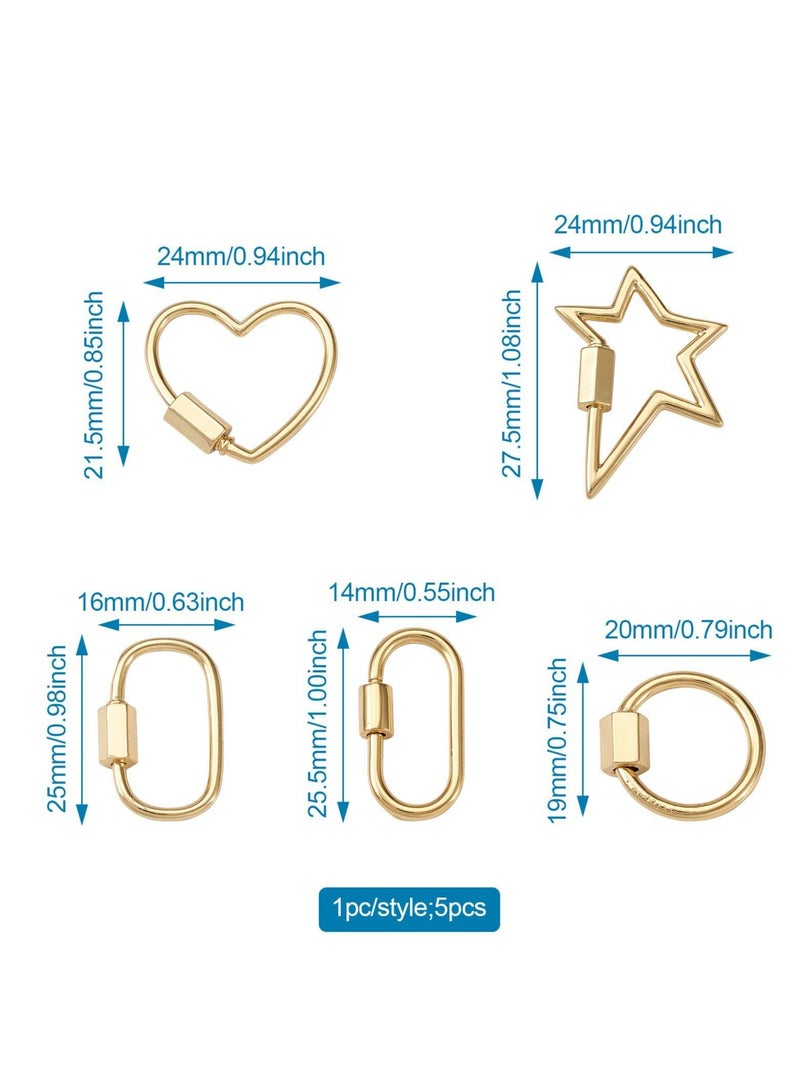 5Pcs Mixed Screw Keychain Carabiner Lock Clasps Real 18K Gold Plated Locking Hook Closure Buckle for Necklace Bracelet Making Mini Dangling Charms Pendant Keyrings Handbag Decor