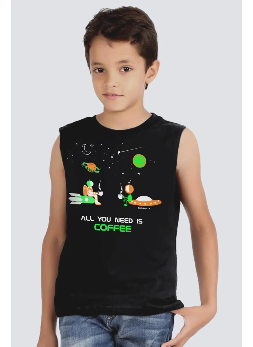 Rock&Roll in Space Coffee Black Cut Sleeve | Sleeveless Girls Boys Unisex Kids T-Shirt | Undershirt