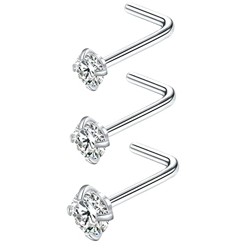 VELCARE 3 Pcs Stainless Steel Nose Rings Studs 20 Gauge L Shaped Curved Nose Piercing Jewelry 2mm 2.5mm 3mm Diamond CZ Nose Stud L Bend for Women Piercing - Steel - Image 1
