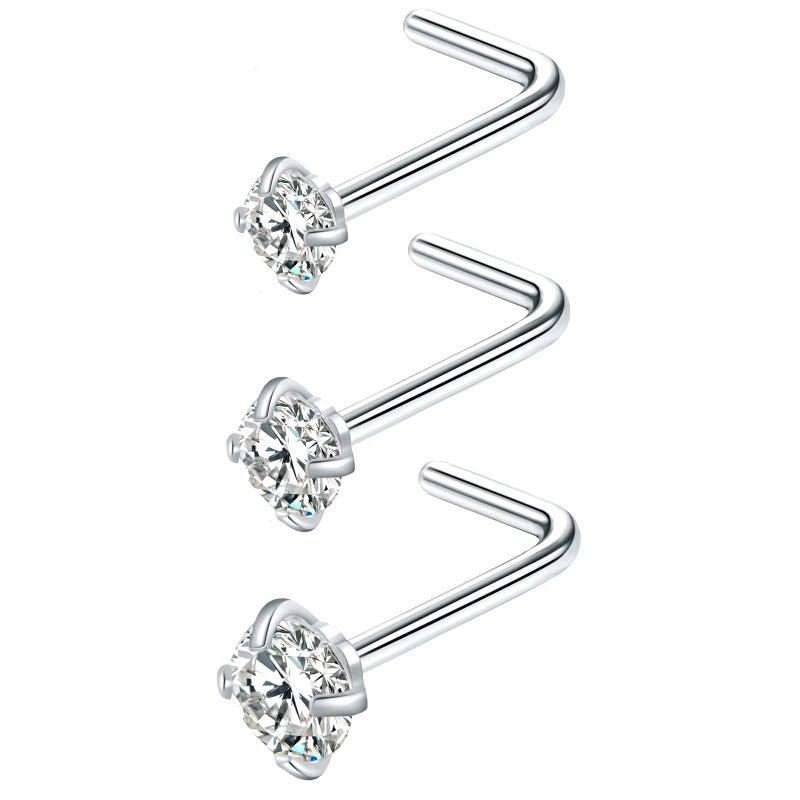 VELCARE 3 Pcs Stainless Steel Nose Rings Studs 20 Gauge L Shaped Curved Nose Piercing Jewelry 2mm 2.5mm 3mm Diamond CZ Nose Stud L Bend for Women Piercing - Steel - Image 4