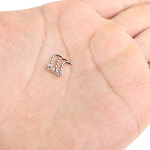 VELCARE 3 Pcs Stainless Steel Nose Rings Studs 20 Gauge L Shaped Curved Nose Piercing Jewelry 2mm 2.5mm 3mm Diamond CZ Nose Stud L Bend for Women Piercing - Steel - Image 3