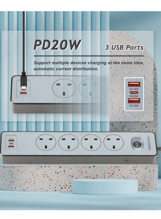 EKO Multiple cord Extension 2990W, with Four-socket, Type-C port support fast charging up to 20W and two USB-A ports compatible with most devices, an electrical strip equipped with an on/off button, a fire-safe socket up to 750 C, certified with quality and safety (SASO, GCC and RoHS) certificates. 5 meters long. From Moogmax - view 2