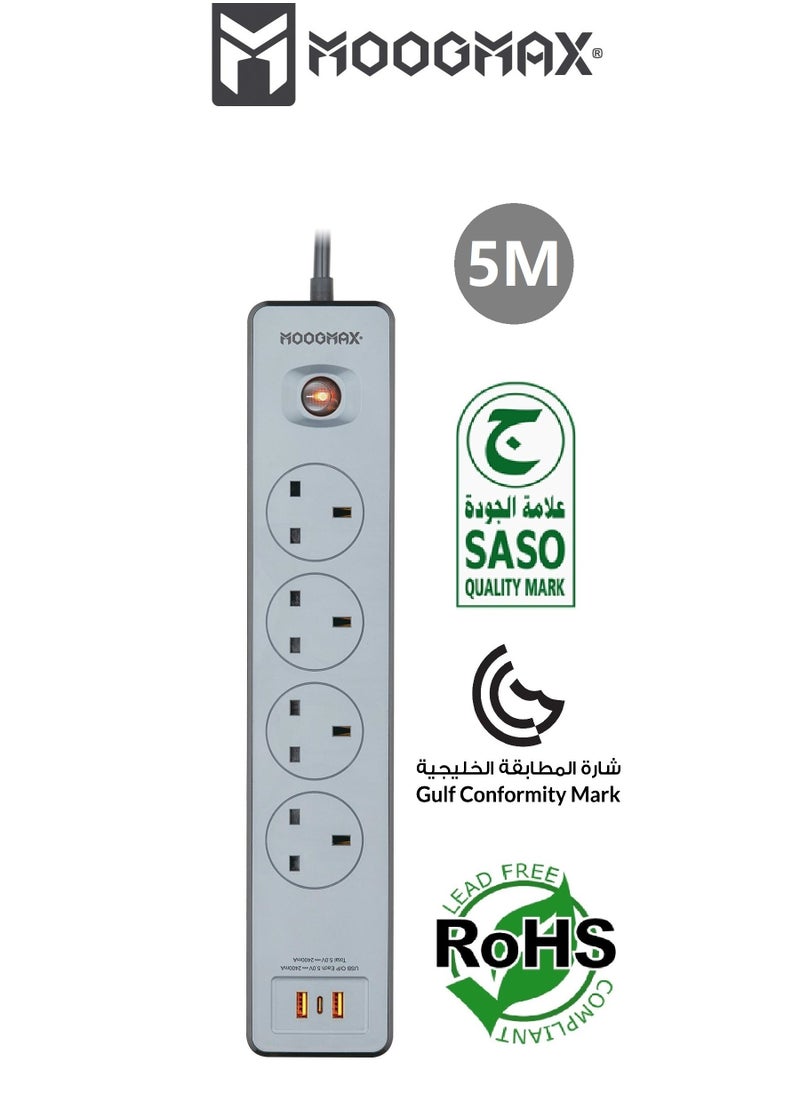 MOOGMAX EKO Multiple cord Extension 2990W, with Four-socket, Type-C port support fast charging up to 20W and two USB-A ports compatible with most devices, an electrical strip equipped with an on/off button, a fire-safe socket up to 750 C, certified with quality and safety (SASO, GCC and RoHS) certificates. 5 meters long. From Moogmax  - Image 1