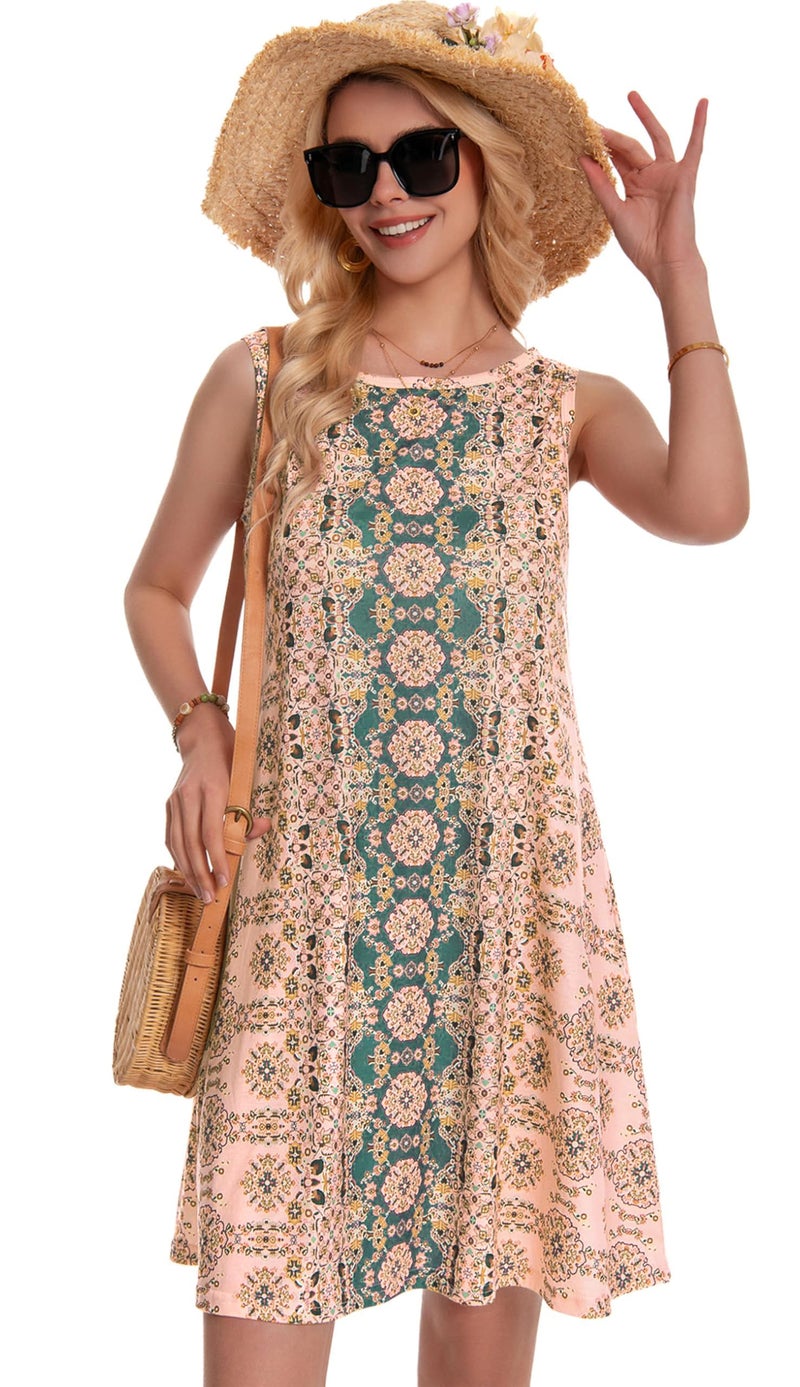 elescat Sundress for Women Floral Bohemian Dress Sleeveless Loose Aline Beach Cover Up(Pink Boho Flower,3XL) - Image 5