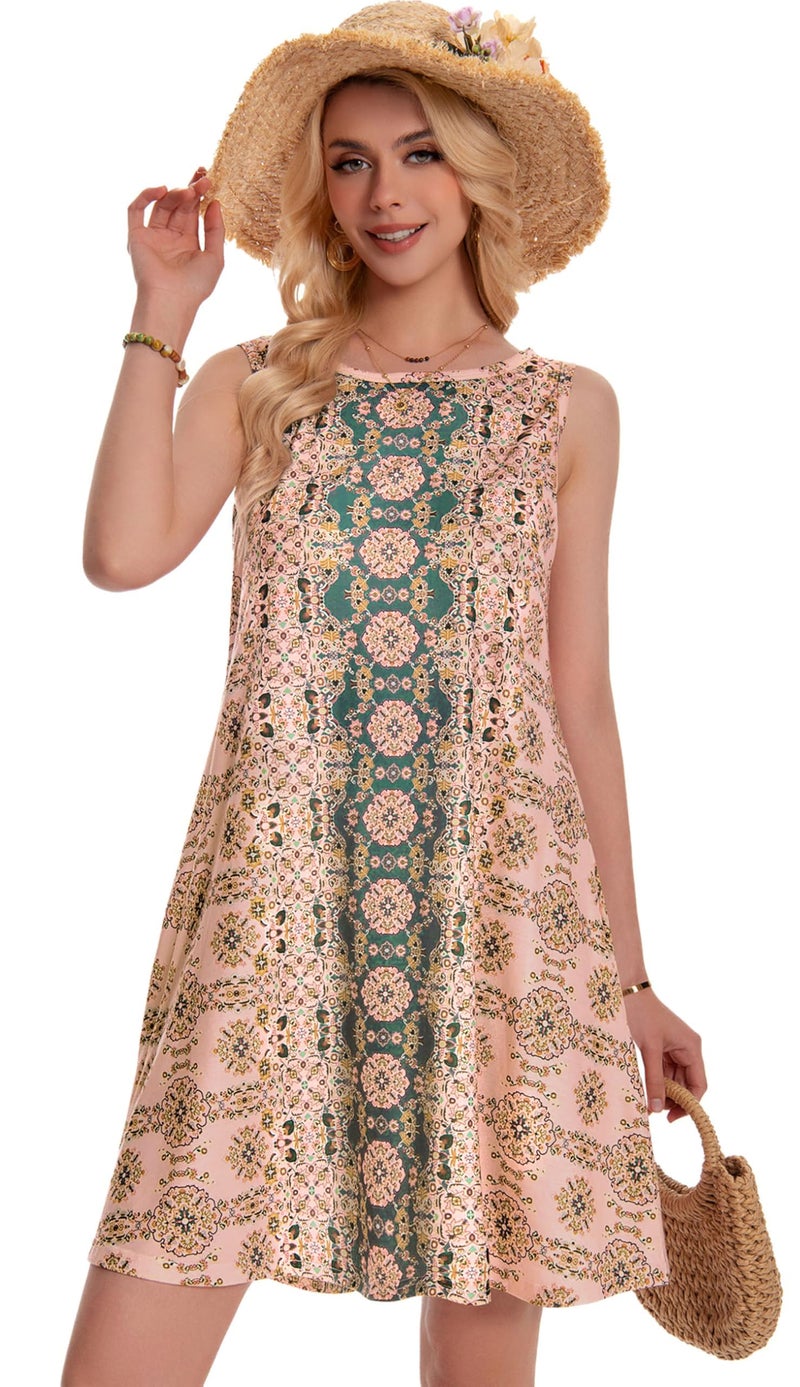 elescat Sundress for Women Floral Bohemian Dress Sleeveless Loose Aline Beach Cover Up(Pink Boho Flower,3XL) - Image 3
