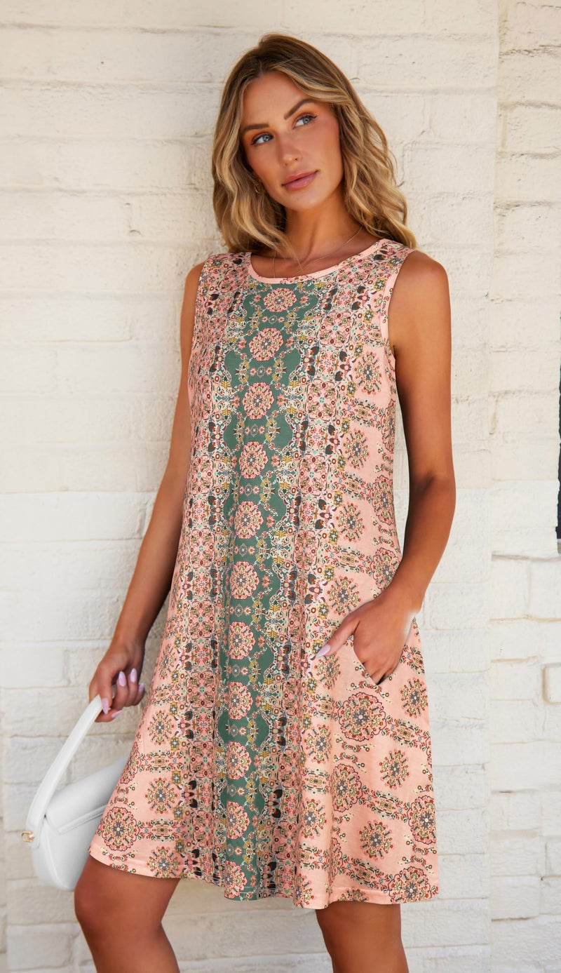 elescat Sundress for Women Floral Bohemian Dress Sleeveless Loose Aline Beach Cover Up(Pink Boho Flower,3XL) - Image 2