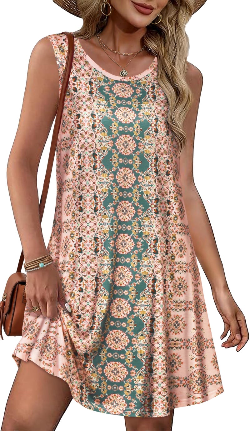 elescat Sundress for Women Floral Bohemian Dress Sleeveless Loose Aline Beach Cover Up(Pink Boho Flower,3XL) - Image 1
