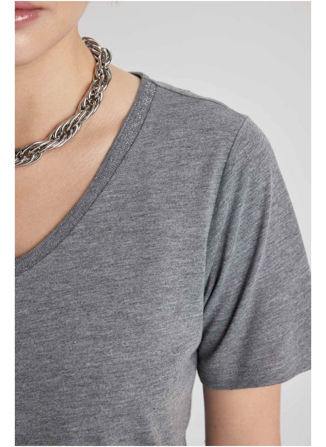DeFacto - Woman Regular Fit V Neck Knitted Short Sleeve T-Shirt - Image 1