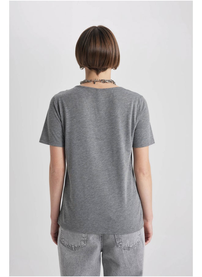 DeFacto - Woman Regular Fit V Neck Knitted Short Sleeve T-Shirt - Image 1