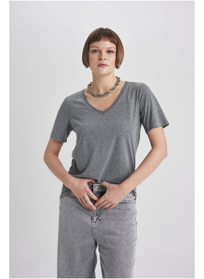 DeFacto - Woman Regular Fit V Neck Knitted Short Sleeve T-Shirt - Image 1