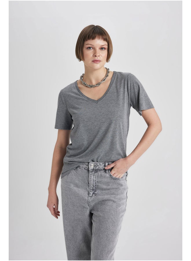 DeFacto - Woman Regular Fit V Neck Knitted Short Sleeve T-Shirt - Image 1