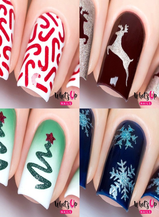 Whats Up Nails - Christmas Nail Vinyl Stencils 4 Pack (Candy Canes, Ribbon Tree, Deer, Gold Merry Snowflake) for Nail Art Design - Image 1