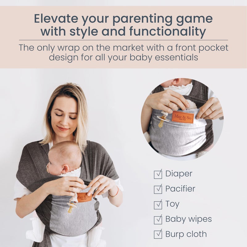 Max&So Baby Wrap Carrier - Premium Cotton Sling for Newborns to Toddlers - Hands-Free, Soothing Stretchy Fabric Wrap with Front Pocket for Essentials - One Size Fits All - by Max&So - Image 3