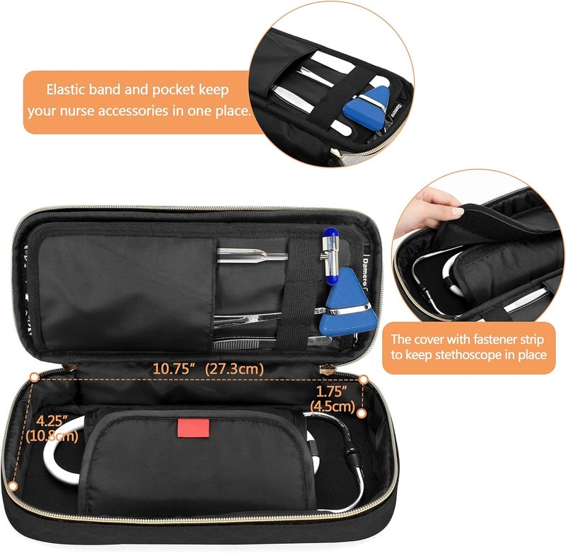 Damero Protective Stethoscope Case with Divider for Nurse Accessories, Stethoscope Carrying Bag Travel Case Compatible with 3M Littmann/ADC/Omron Stethoscope and Others, Black - Image 2