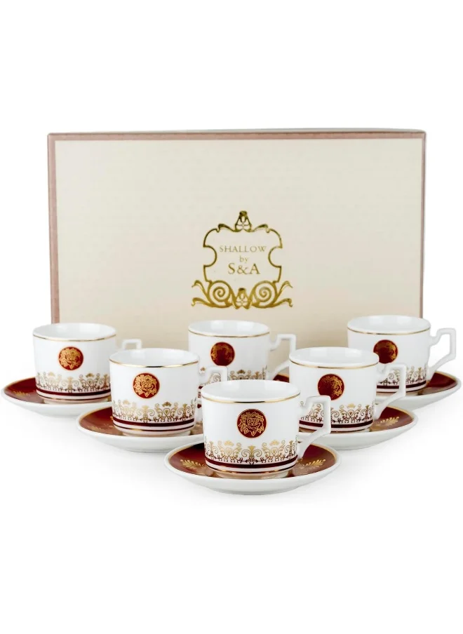 Cuisine Art Shallow Porcelain Ceramic 6-Piece 93Cc Coffee Cup Set In White And Red
