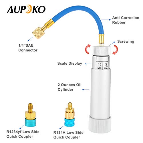 Aupoko AC Oil Injector Kit, R134A Oil Injector with R1234YF Low Side Quick Coupler, HVAC Dye Oil Injector with 1/4" SAE Connector, for R134A R22 R12 R1234YF Refrigerant System - Image 2