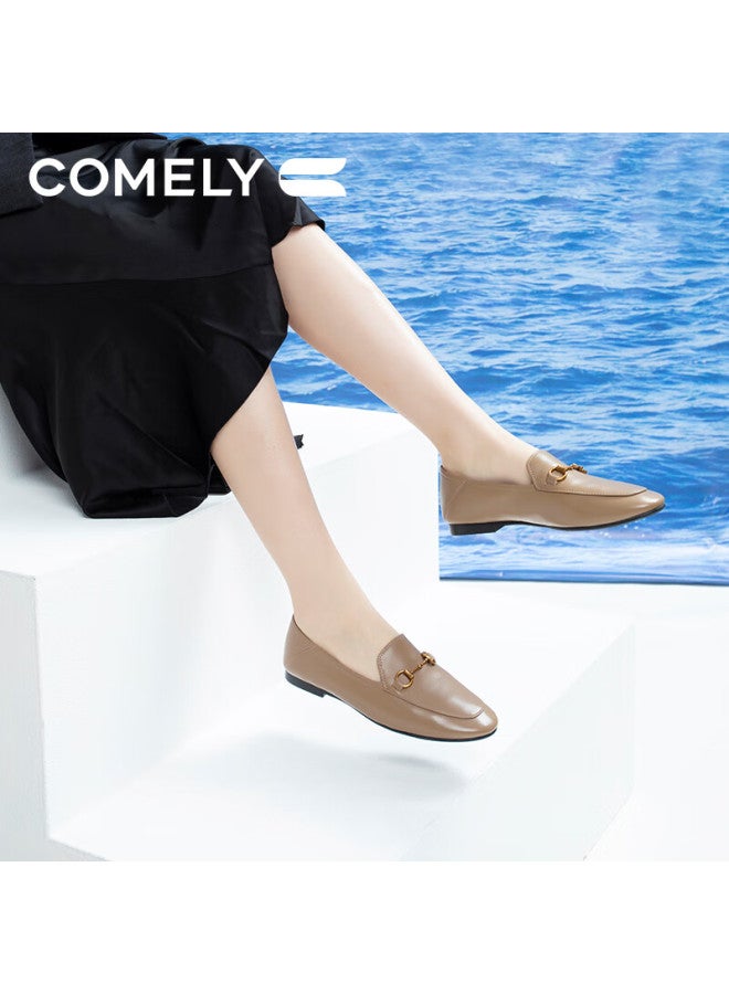 Comely Women's Leather Flat Slip-on Shoes Round Toe Basic Loafers Camel/ Wide Version Size 37 - Image 5