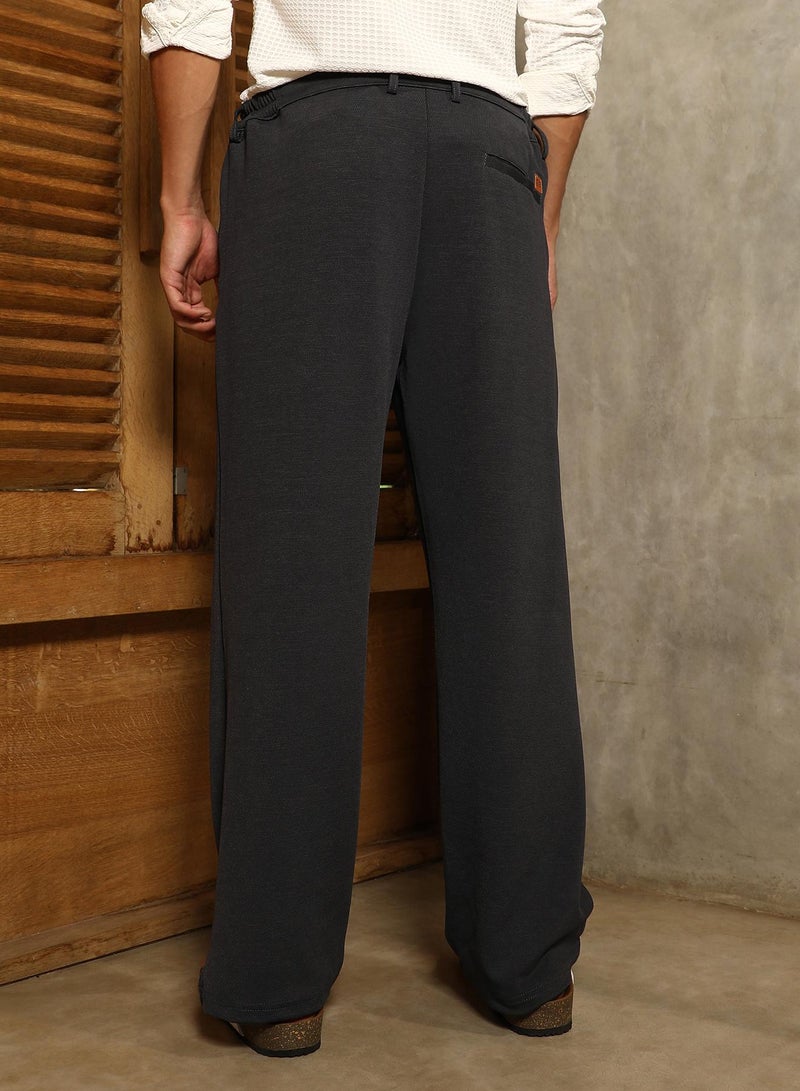 Campus Sutra Campus Sutra Men's Midnight Black Micro-Waffle Straight-Leg Trousers For Casual Wear | Mid-Rise | Straight Fit | Button Closure | Trousers Crafted With Comfort Fit For Everyday Wear - Image 5