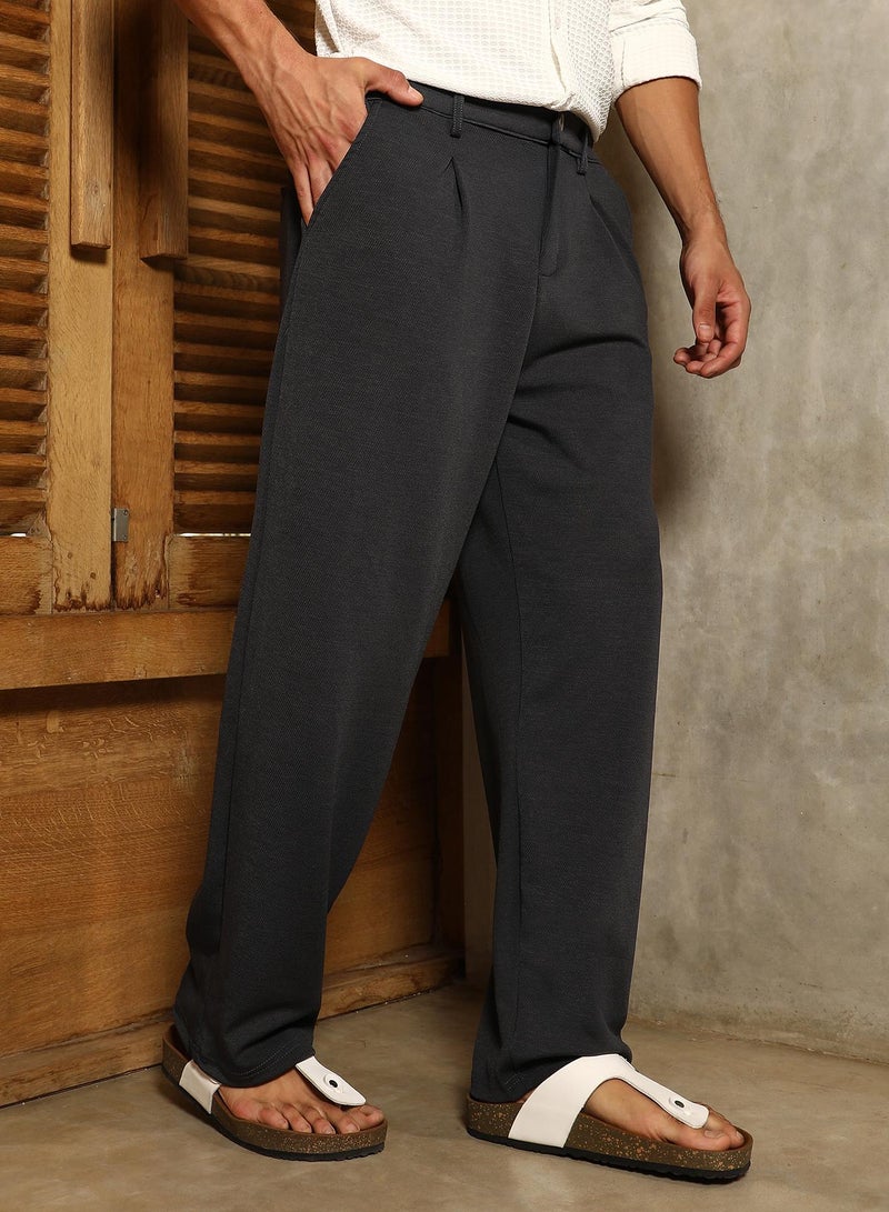 Campus Sutra Campus Sutra Men's Midnight Black Micro-Waffle Straight-Leg Trousers For Casual Wear | Mid-Rise | Straight Fit | Button Closure | Trousers Crafted With Comfort Fit For Everyday Wear - Image 3