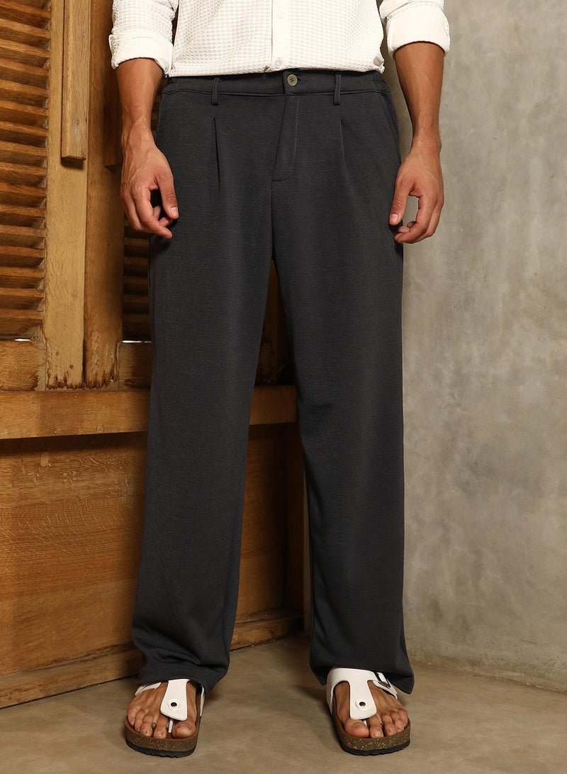Campus Sutra Campus Sutra Men's Midnight Black Micro-Waffle Straight-Leg Trousers For Casual Wear | Mid-Rise | Straight Fit | Button Closure | Trousers Crafted With Comfort Fit For Everyday Wear - Image 2