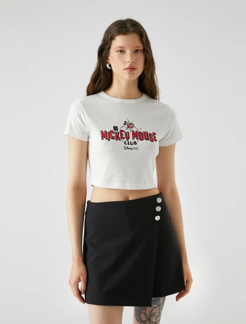 كوتون Mickey Mouse T-Shirt Crop Crew Neck Short Sleeve Printed