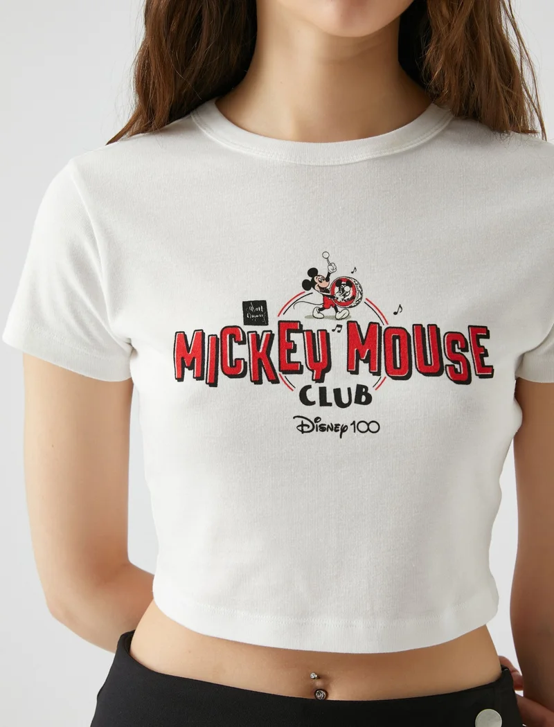 كوتون Mickey Mouse T-Shirt Crop Crew Neck Short Sleeve Printed