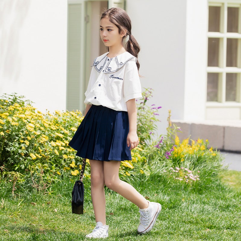 Girls suit 2025 Summer Primary and Secondary School Students Pleated Skirt Childrens Short-sleeved Shirt Childrens Wear Womens JK Skirt Two-piece Set navy blue skirt suit