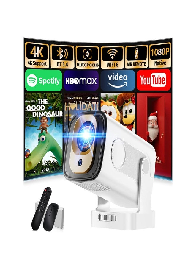 Nonete Mini Projector 1080P with WiFi 6 and Bluetooth 5.4, 4K Full HD Projector Features Auto Focus & Keystone, Portable Projector Built-in App Support 270° Rotatable, Compatible with Phone/HDMI/USB - White - Image 1