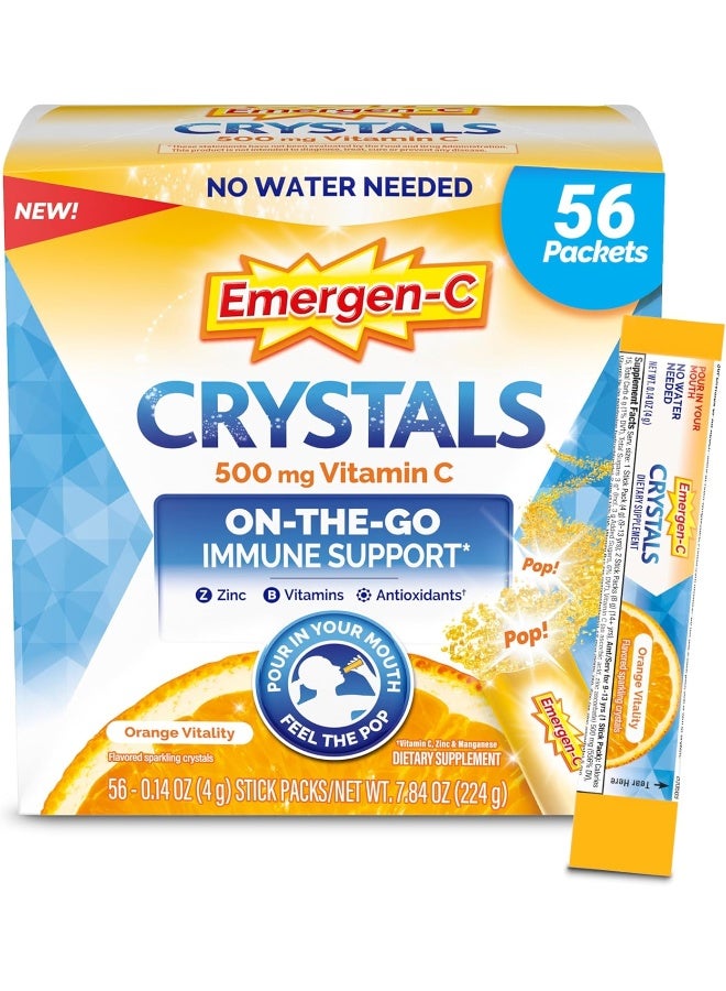 Emergen-C بلورات، مكمل دعم المناعة Emergen-C الجاهز مع فيتامين C، فيتامينات B، زنك ومنغنيز، نكهة البرتقال - 56 عبوة - Image 1