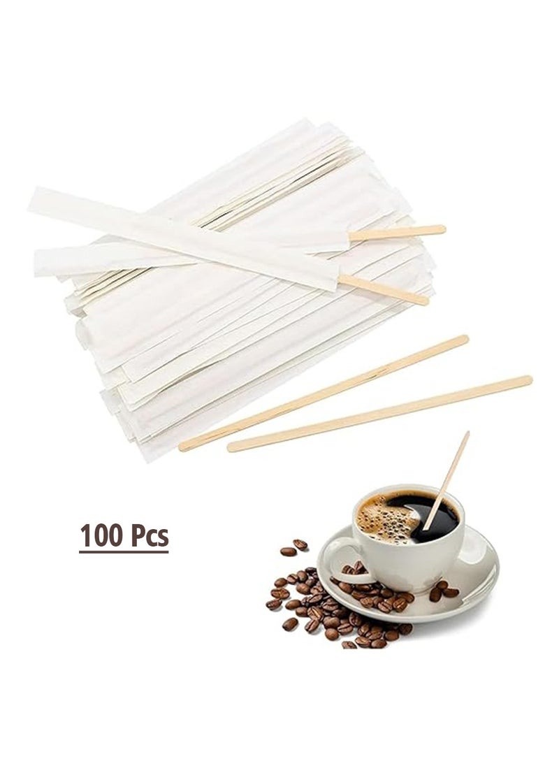 Generic - 14 cm Disposable Wooden Coffee Stirrers, [100 Pack] Individually Wrapped Stir Sticks for Tea, Hot Chocolate and Craft Projects - Image 1