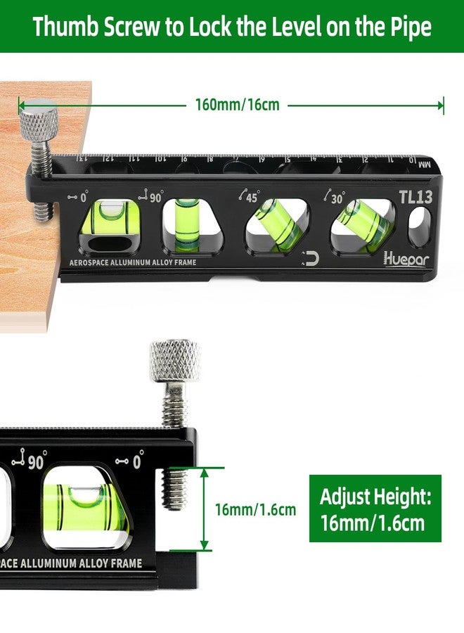 Huepar Torpedo Level, Magnetic Conduit Level with 4 Vials, 6.2 inch Aluminum Alloy Construction Spirit Level with V-Groove and Magnet Track, High Precision Bubble Level, Double Scale, Thumb Screw-TL13 - Image 3