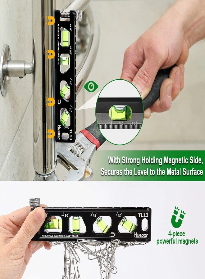 Huepar Torpedo Level, Magnetic Conduit Level with 4 Vials, 6.2 inch Aluminum Alloy Construction Spirit Level with V-Groove and Magnet Track, High Precision Bubble Level, Double Scale, Thumb Screw-TL13 - Image 4