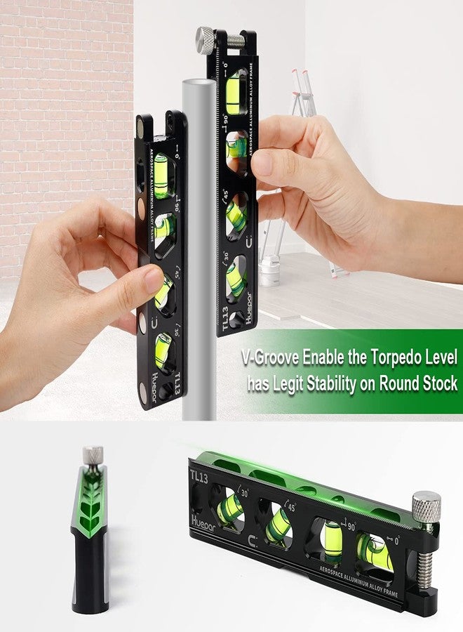 Huepar Torpedo Level, Magnetic Conduit Level with 4 Vials, 6.2 inch Aluminum Alloy Construction Spirit Level with V-Groove and Magnet Track, High Precision Bubble Level, Double Scale, Thumb Screw-TL13 - Image 5