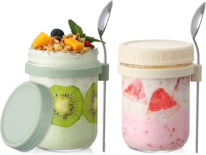 SPOON GLASS MASON JARS CONTAINERS WITH LIDS OATS JARS LEAK PROOF OATMEAL FOR OVERNIGHT OATS MEAL PREP YOGURT CHIA PUDDING SALAD FRUIT PACK OF 2