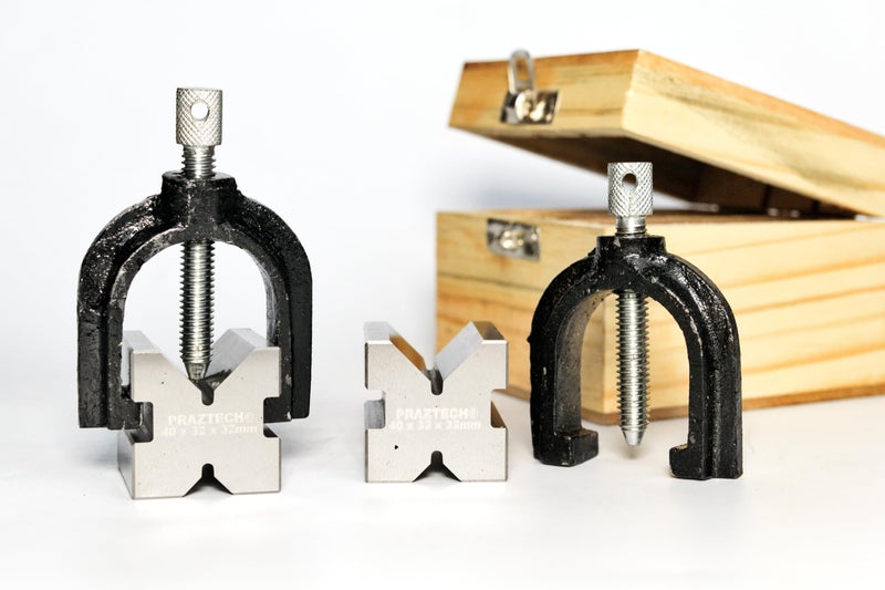 PRAZTECH® Precision Engineers VEE Blocks CLAMP Set - V Block Matched Pair, 40mm x 32mm x 32mm, Clamping capacity: 1" (25mm) in Wooden Box - Image 1