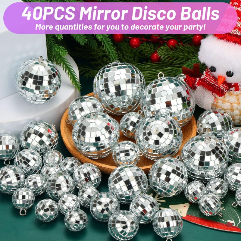 Jupwalz 40 Pcs Disco Balls with Rope, 5 Sizes Mini Disco Ball Decor Ornaments, Small MirrorBall Different Sizes Silver Decorations for Halloween DIY Christmas Tree Topper Music Prom Party Wedding - Image 2