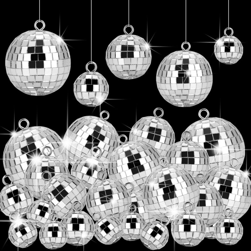 Jupwalz 40 Pcs Disco Balls with Rope, 5 Sizes Mini Disco Ball Decor Ornaments, Small MirrorBall Different Sizes Silver Decorations for Halloween DIY Christmas Tree Topper Music Prom Party Wedding - Image 1