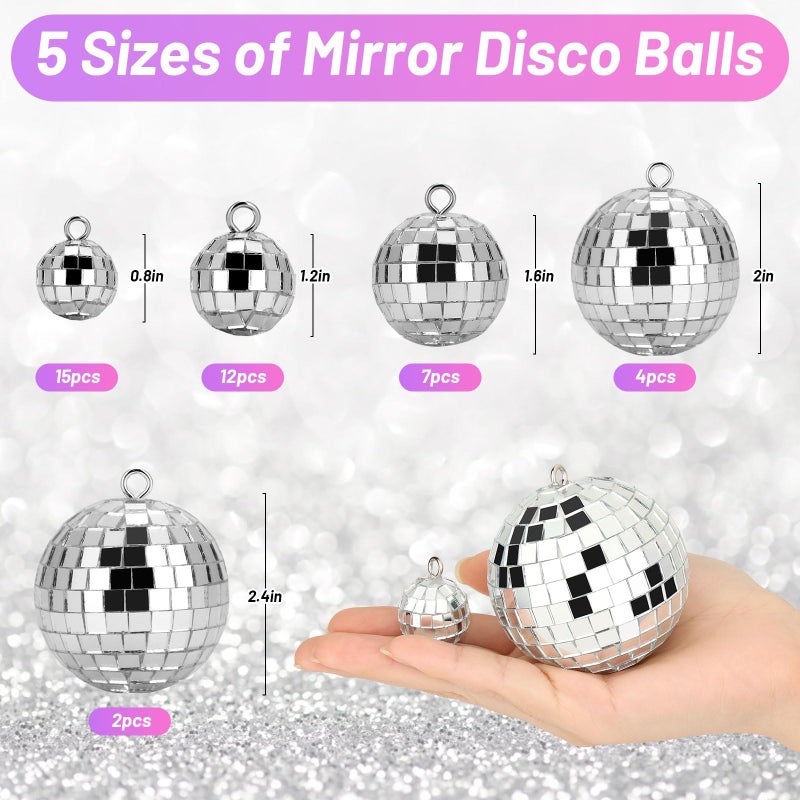 Jupwalz 40 Pcs Disco Balls with Rope, 5 Sizes Mini Disco Ball Decor Ornaments, Small MirrorBall Different Sizes Silver Decorations for Halloween DIY Christmas Tree Topper Music Prom Party Wedding - Image 3