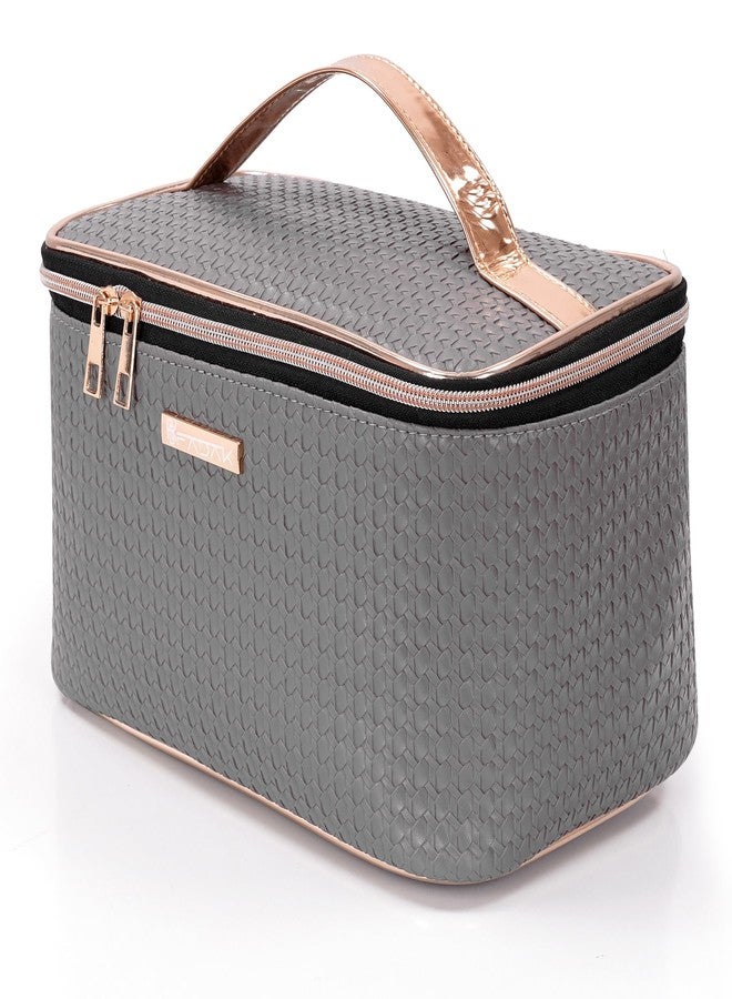 FADAK Large Cosmetic Travel Case, Quilted Pattern Makeup Organizer Bag with Handle, Dividers for Brushes,Toiletries (Grey) - Image 5