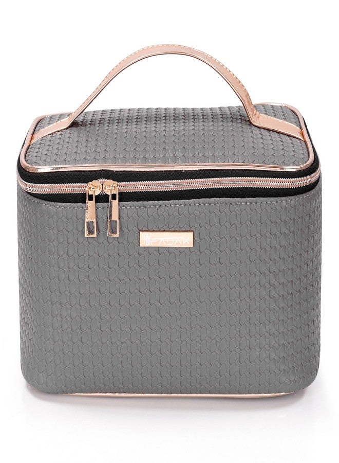 FADAK Large Cosmetic Travel Case, Quilted Pattern Makeup Organizer Bag with Handle, Dividers for Brushes,Toiletries (Grey) - Image 1