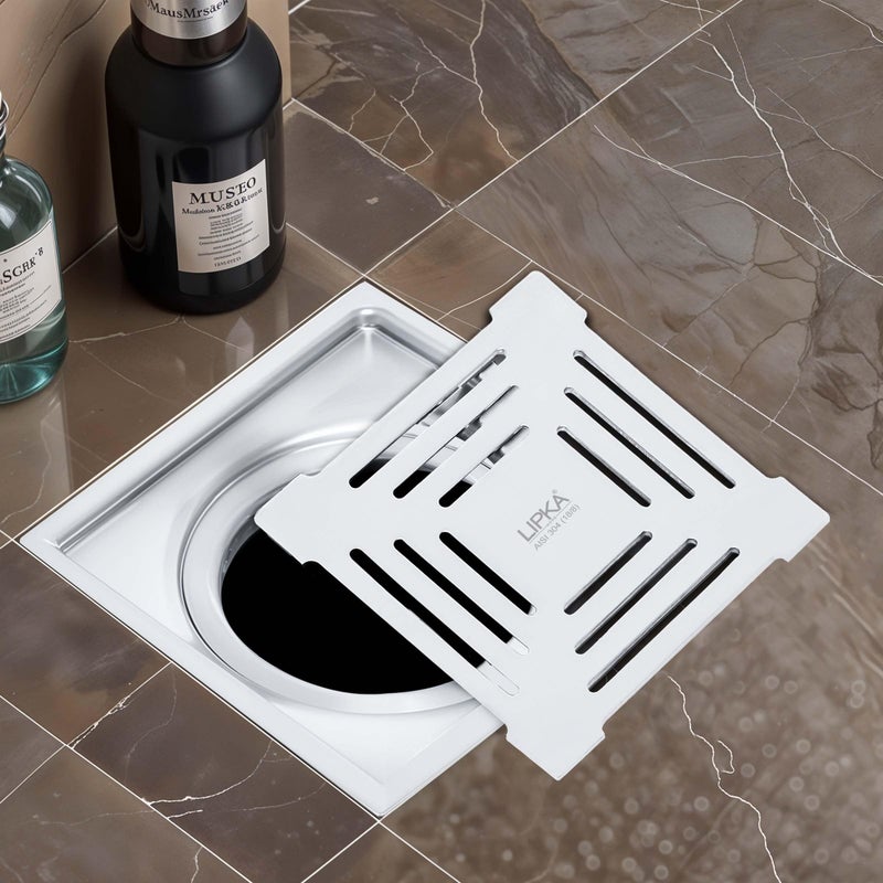 LIPKA Green Exclusive Square Floor Drain | 5 x 5 Inches | 304-Grade Stainless Steel Floor Trap with Matte Finish | Drain Jali for Bathrooms with Collar - Image 1