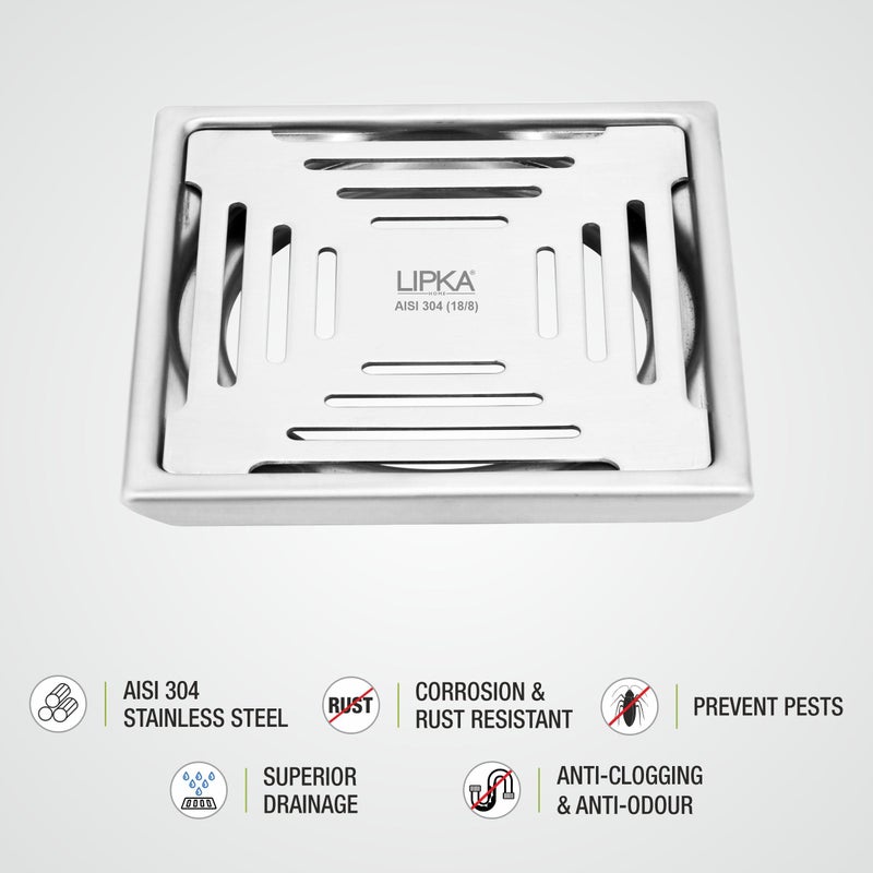 LIPKA Green Exclusive Square Floor Drain | 5 x 5 Inches | 304-Grade Stainless Steel Floor Trap with Matte Finish | Drain Jali for Bathrooms with Collar - Image 4