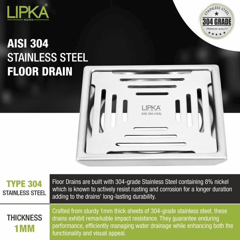 LIPKA Green Exclusive Square Floor Drain | 5 x 5 Inches | 304-Grade Stainless Steel Floor Trap with Matte Finish | Drain Jali for Bathrooms with Collar - Image 3