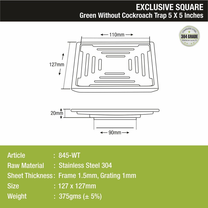LIPKA Green Exclusive Square Floor Drain | 5 x 5 Inches | 304-Grade Stainless Steel Floor Trap with Matte Finish | Drain Jali for Bathrooms with Collar - Image 2