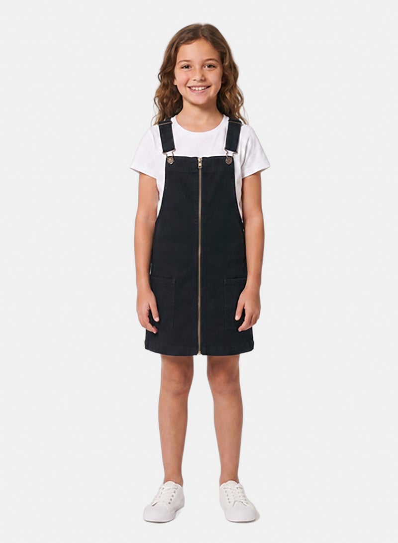 Andora Sleeveless Square Neckline Zipped Girls Denim Dress - Black - Image 1