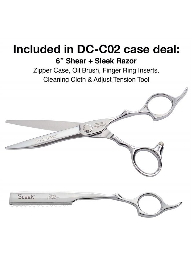 Olivia Garden DryCutPRO intro case 6" shear contains: DC-60, Sleek razor, oil pen, cleaning cloth & zipper case