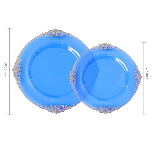 Joyido 102PCS Blue Plastic Plates - Royal Gold Disposable Plates - Clear Blue Party Plate - Heavyweight Disposable Plate with Gold Rim - Fancy Dinner & Dessert Plates for 51 Guests Party Wedding - Image 3